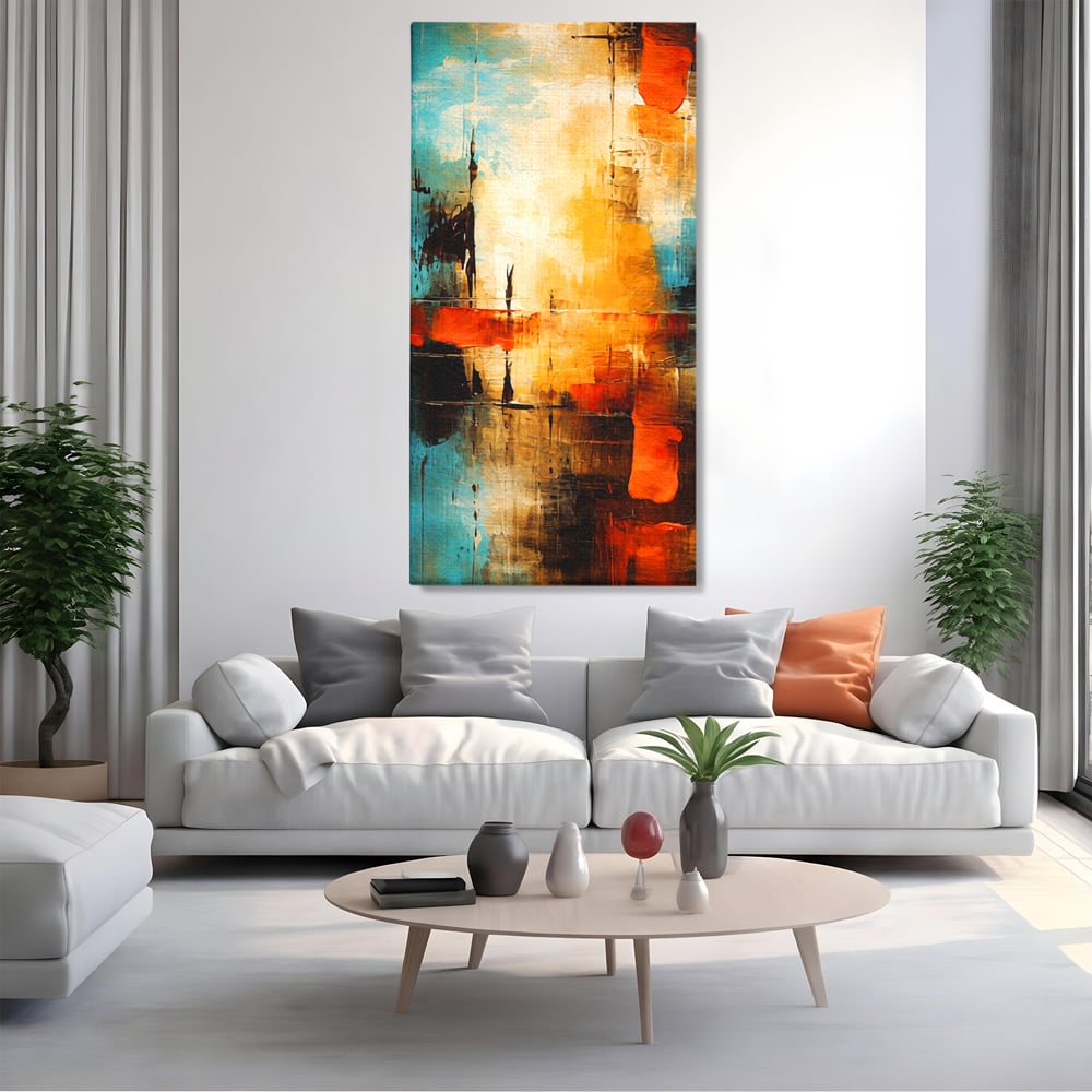 Tablou canvas cu pictura abstracta cu portocaliu si albastru, fara rama, pe sasiu de lemn, pe perete intr-un living